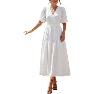 V Neck Maxi Smocked Long Formal A-Line Dress, SMALL, 22K-142D013